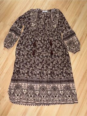 The Fox & The Mermaid- Boho Floral Paisley Midi Dress in Brown and Cream